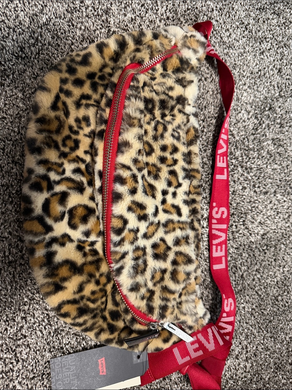 Levi's Leopard Faux Fur Crossbody Bag with Red Strap
